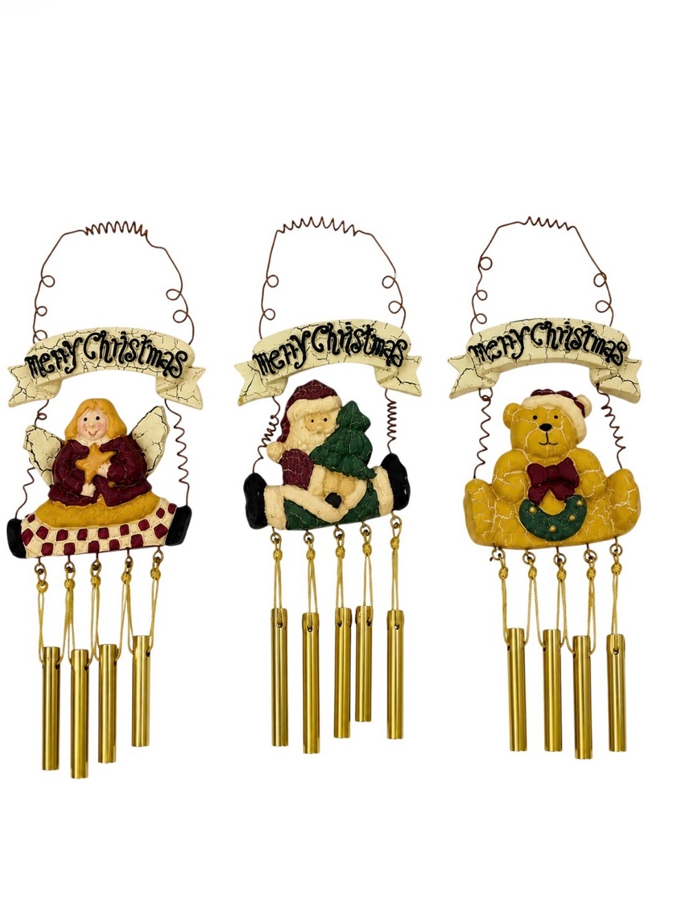 Christmas Resin Chime Ornaments Set of 3 Angel Santa Tree in Box Vintage